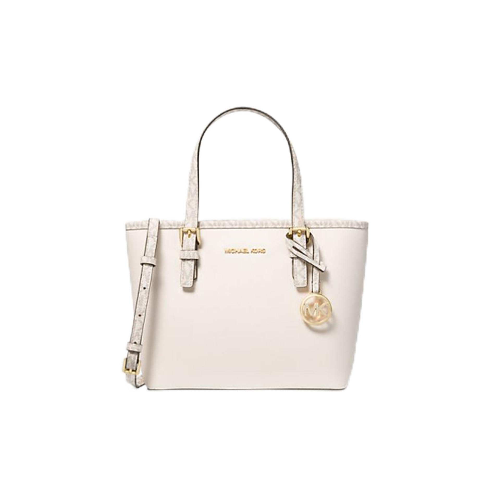 61YSheUoHpL.jpg Michael Kors Jet Set Travel Small Carryall Convertible Top Zip Tote Saffiano Leather Crossbody Bag Purse Handbag (Light Cream Multi) - Image 1