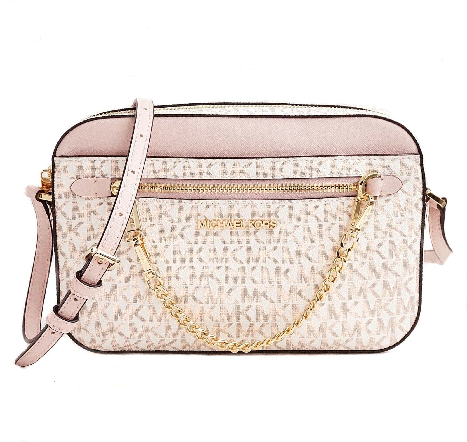 71lPwJBUQ-L.jpg Michael Kors Women's Jet Set Item LARGE EAST WEST CHAIN Crossbody (Optic White/Rose Gold) - Image 1